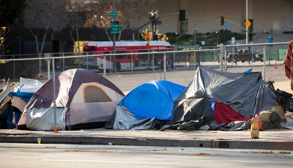 A homeless encampment sits on a street in Downtown Los Angeles, California