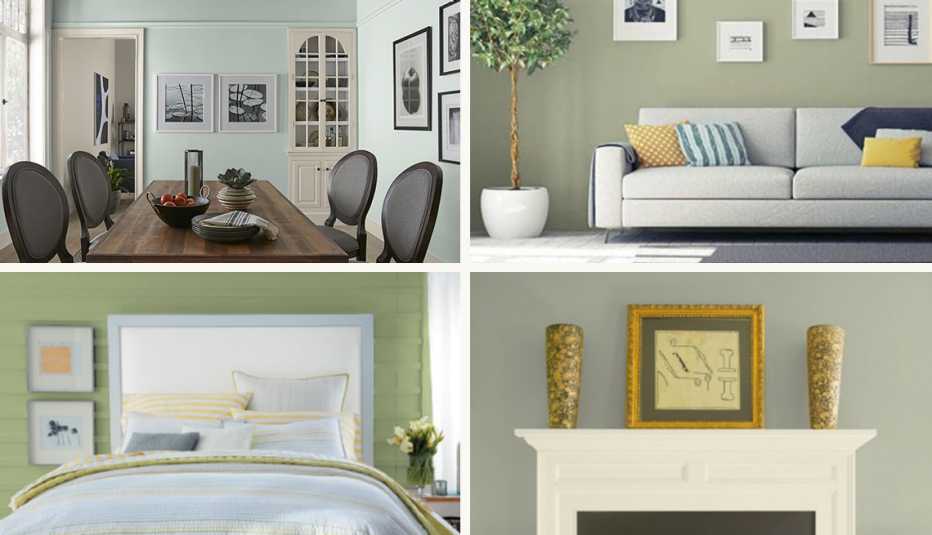 four images of different green paint companies twenty twenty two paint color picks in rooms of a house