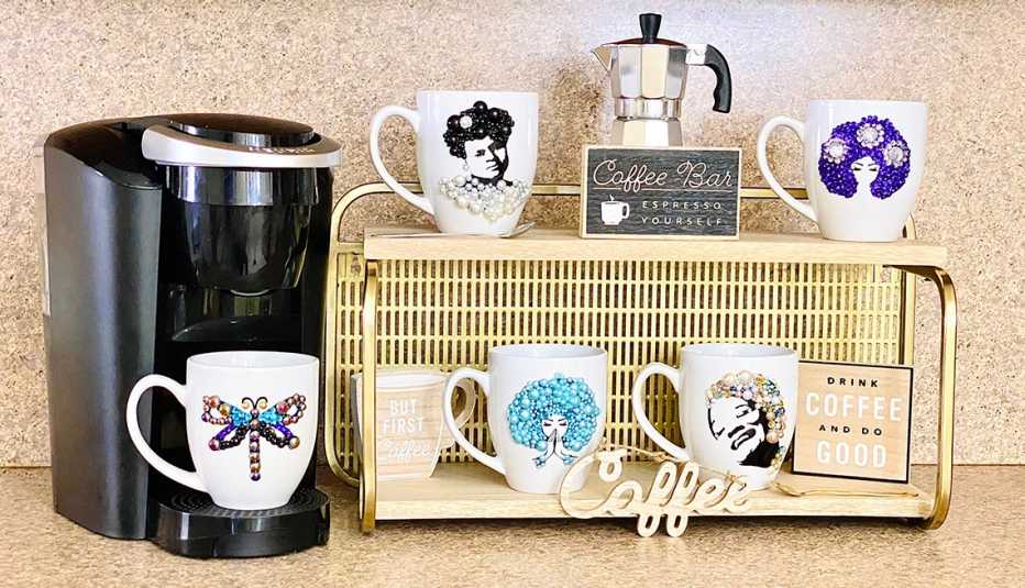 countertop coffee station with keurig vintage shelf and mismatched cups