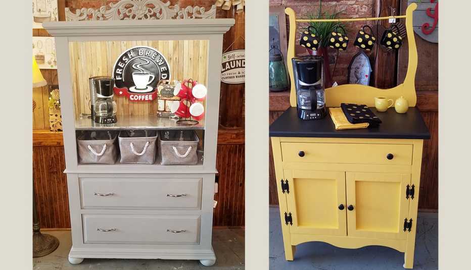 two vintage cabinets that have been repurposed as coffee bars in homes