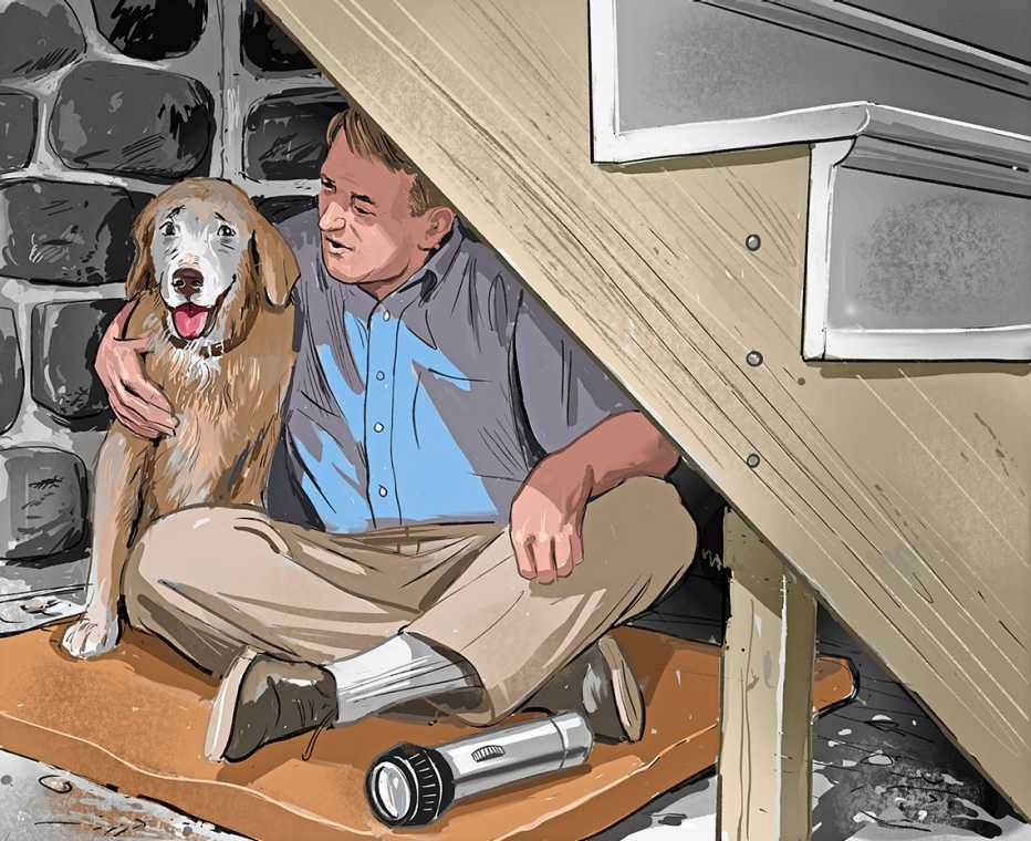 a man and his dog taking shelter from a tornado underneath basement stairs