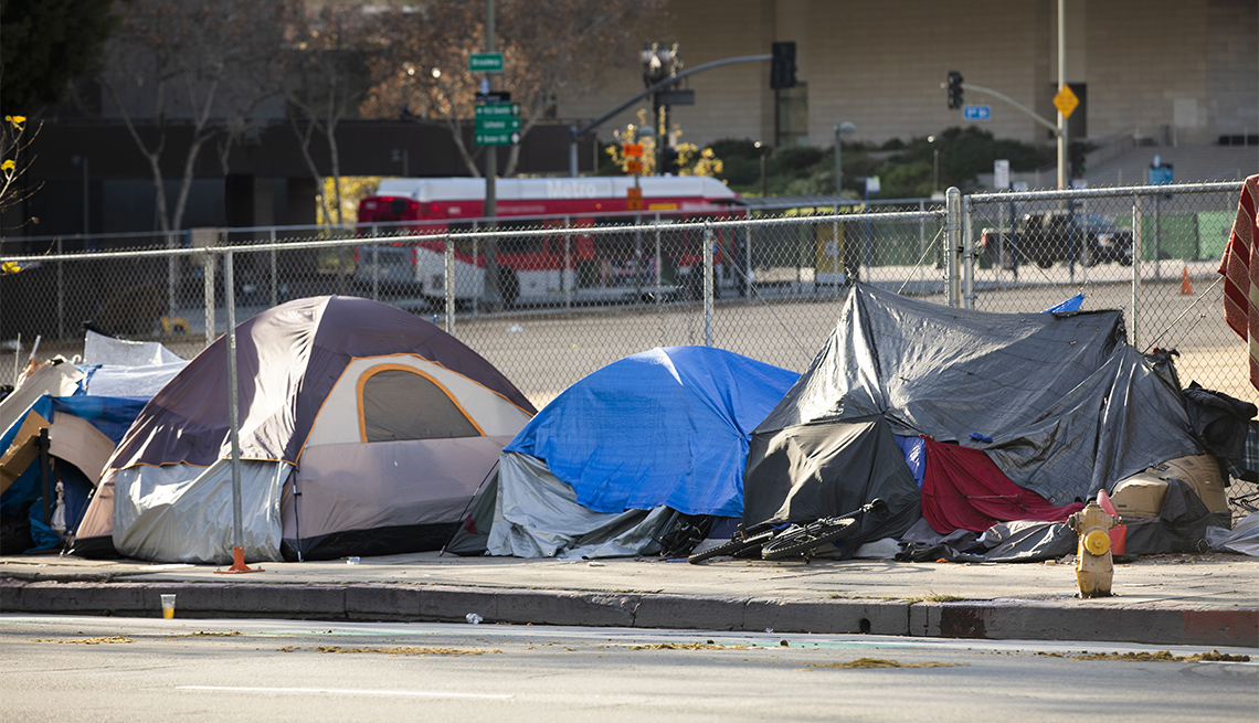 A homeless encampment sits on a street in Downtown Los Angeles, California