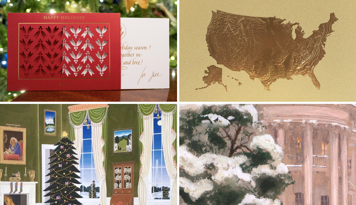 from top left clockwise president bidens holiday card then president trumps holiday card then president clintons holiday card then president george w bushs holiday card