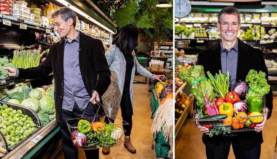 left david katz looking at fresh broccoli right david katz holding a grocery basket full of fresh vegetables