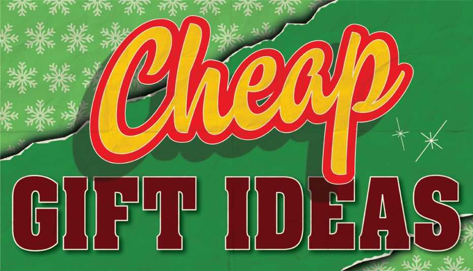 the words cheap gift ideas in yellow and red over a green field and a holiday pattern