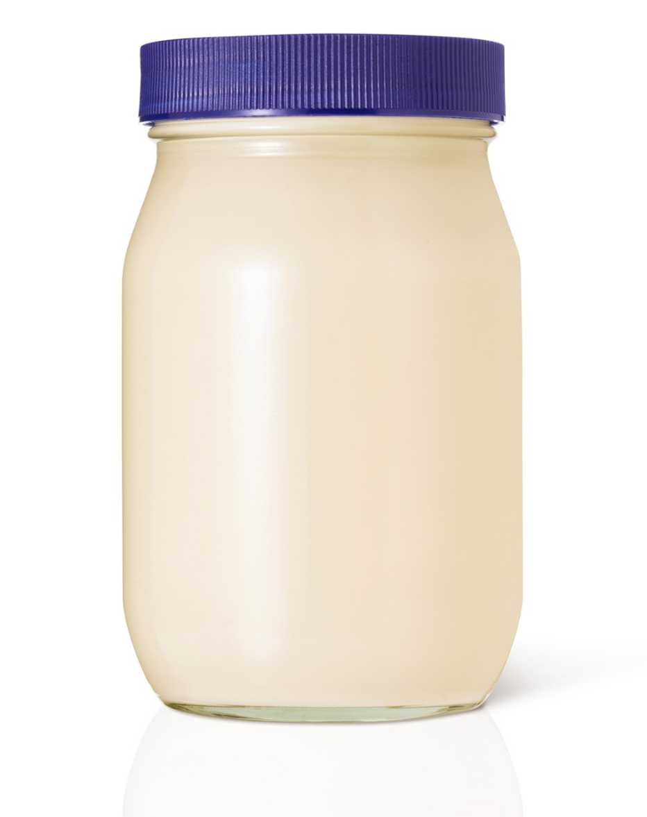 mayonnaise in jar with blue lid, without a label