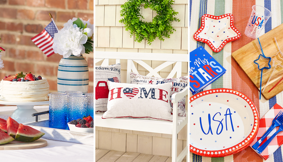 from left to right examples of fourth of july decorative objects available from dollar general such as glasses flags cushions and tablewear