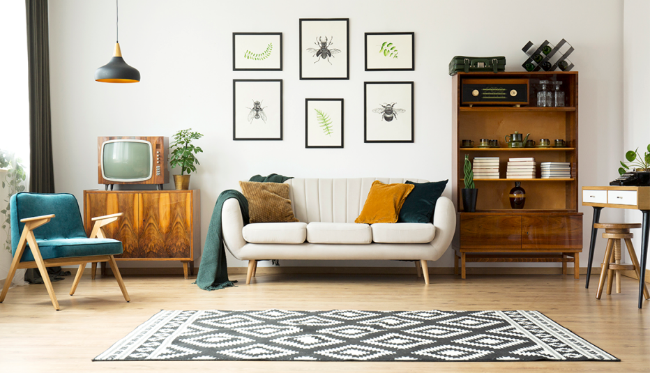 a living room with plant and insect themed wall art and an accent rug