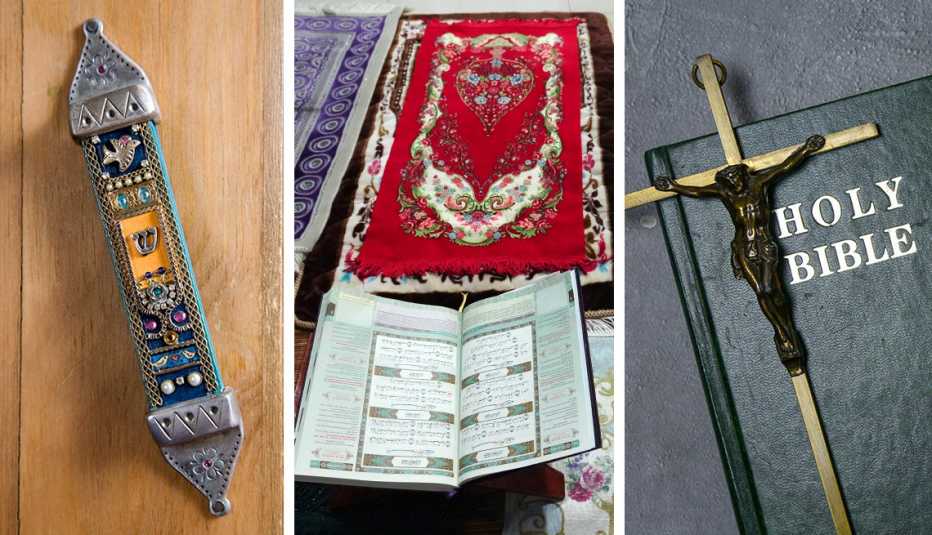 three religious items a mezuzah on a door frame a prayer rug and quran in a home and a holy bible and crucifix on a table