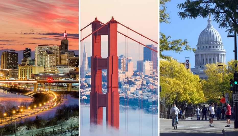 from left to right the skyline of saint paul minnesota then san francisco as seen through the golden gate bridge in california then state street pedestrian mall in madison wisconsin