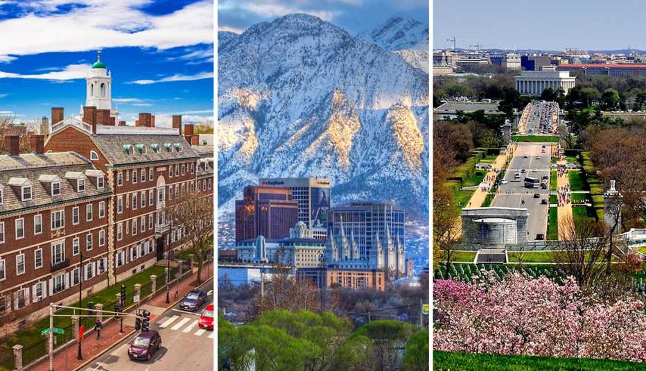 from left to right kennedy street in cambridge massachusetts then salt lake city with wasatch mountains in the background utah then view from arlington national cemetery in arlington virginia