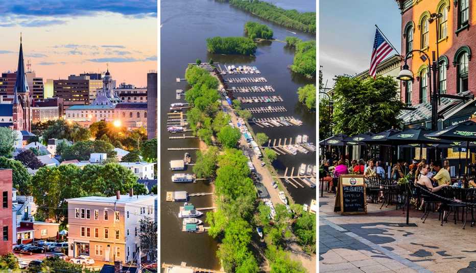 from left to right downtown portland maine then boats on the mississippi river in la crosse wisconsin then church street in burlington vermont