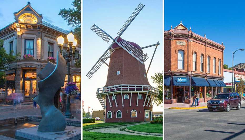from left to right downtown in aspen colorado then a windmill in orange city iowa then downtown in salida colorado