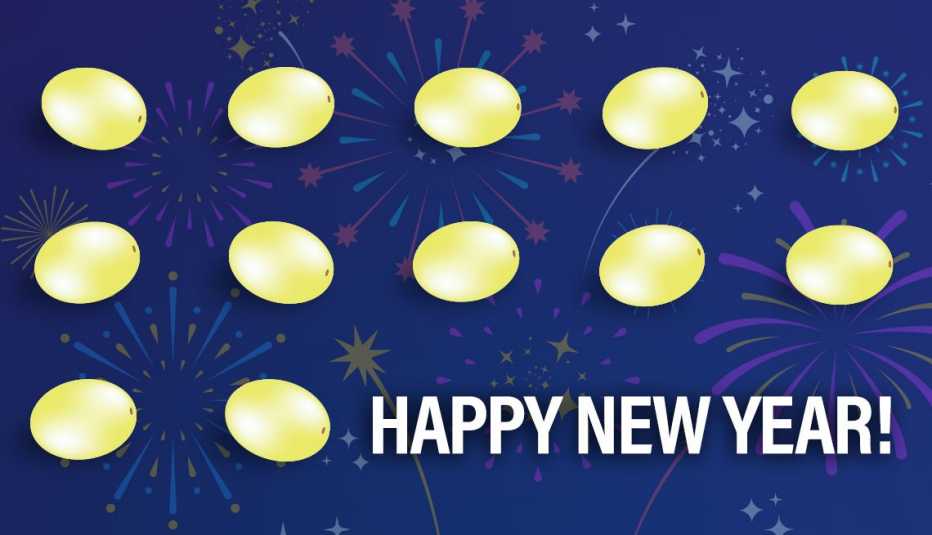 twelve grapes on a background of fireworks with text that says happy new years