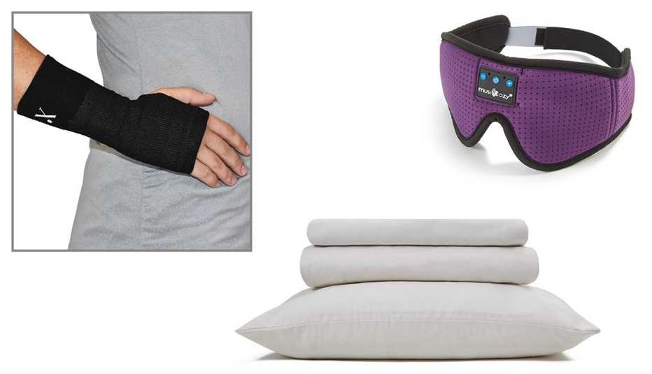 left to right medicated wrist wrap then cooling sheets then face mask speakers