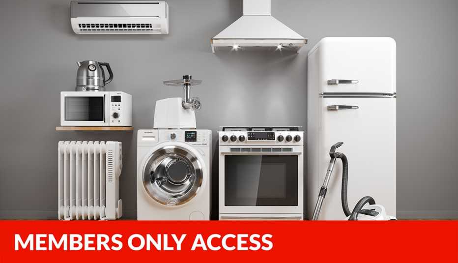a grouping of white appliances including refrigerator, oven, washing machine, microwave, vacuum, electric tea kettle, radiator, with members only access banner