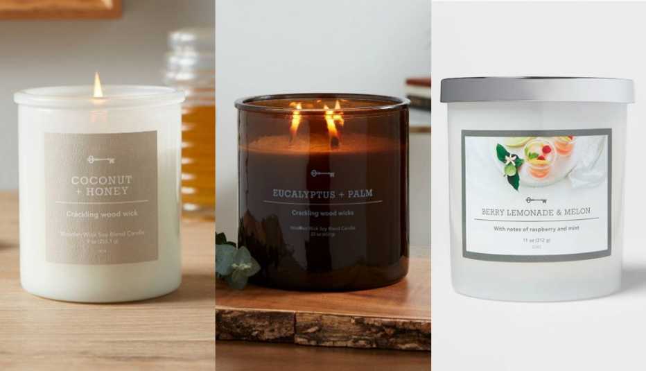 examples of three glass jar candles from Target stores recalled in May 2023