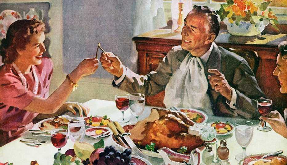 a painting of a husband and wife breaking a wishbone at thanksgiving dinner