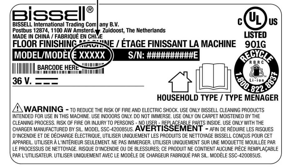 a label on bissell machines showing model number usually behind cleaning tank