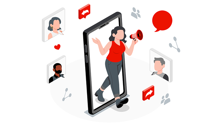 animated scene of woman walking through cellphone with megaphone, other people in chat box floating around, gray share symbols scattered, accents of red color