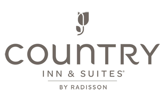 Logo with gray letters and rose symbol on top of the hotel name