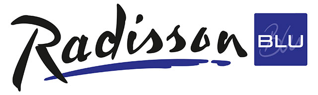 Logo Radisson Blu with black lettering for Radisson and a royal blue square with BLU in white lettering