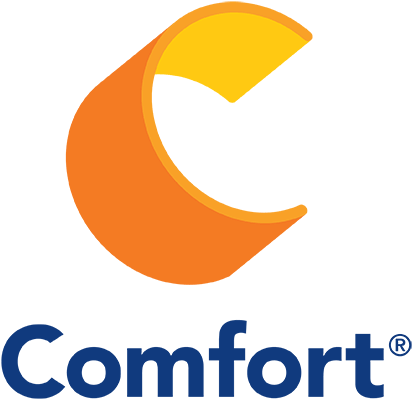 Comfort Logo in blue lettering and large yellow and orange c symbol