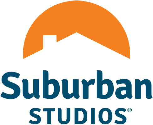 Suburban Studios logo with blue letters and orange house outline symbol