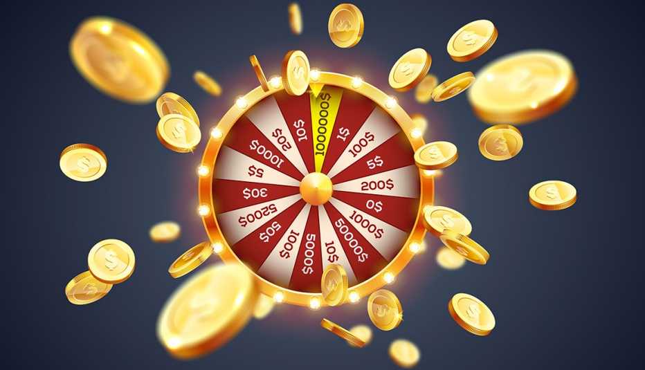 A spinning roulette wheel comes to a stop, hitting a jackpot releasing gold coins exploding out from the center of the wheel.
