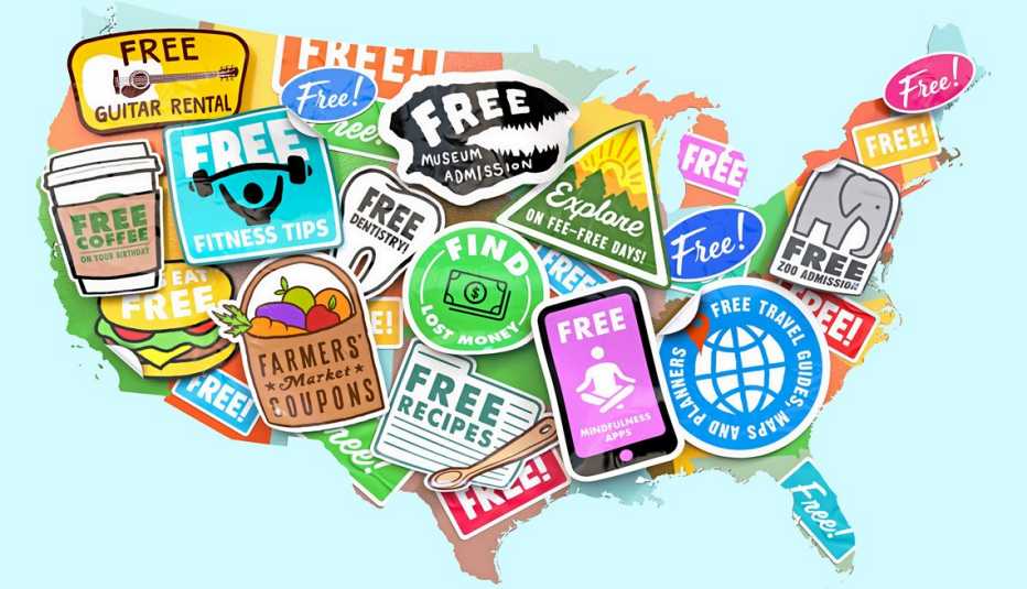 U.S. map with illustrated free offer stickers
