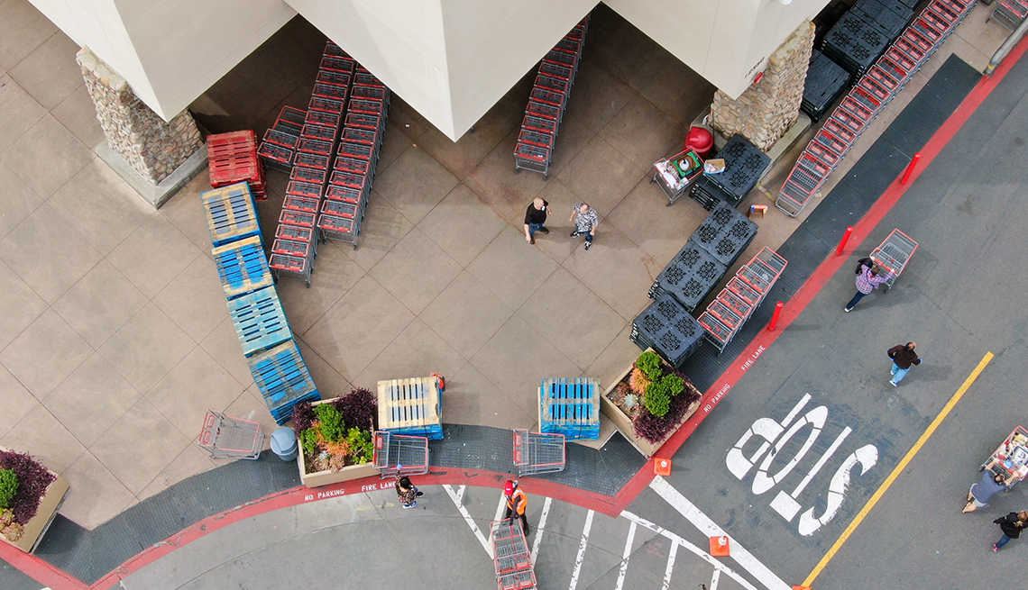 a high angle outside mega store Costco set up to handle bulk buying during the COVID-19 pandemic