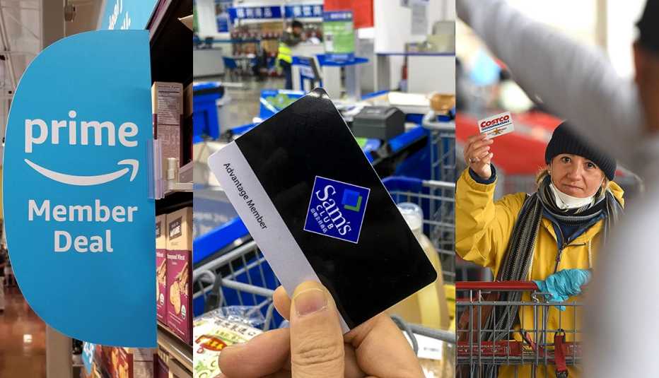 retail shopping clubs represented by a triptych prime member deal sign, hand with sam's club card and shopper with costco card