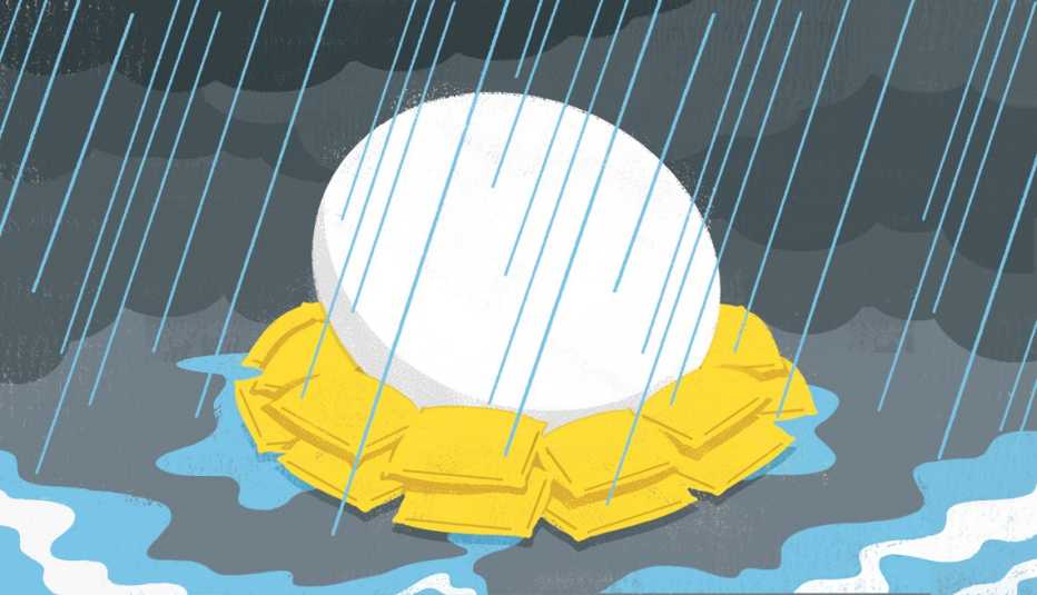 illustration of a nest egg surrounded by sandbags while it is raining 