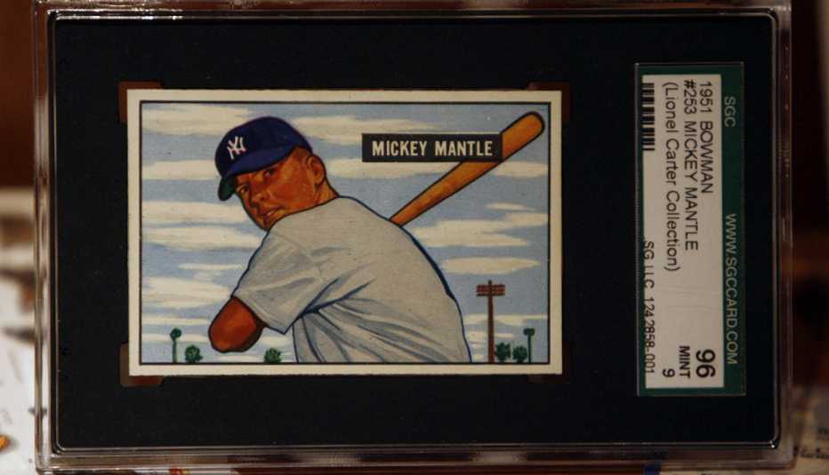 Mickey Mantle baseball card in a frame with lot number for pre-auction viewing