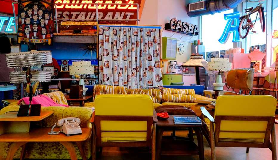 interior of vintage furniture store with eclectic collection of mid century design