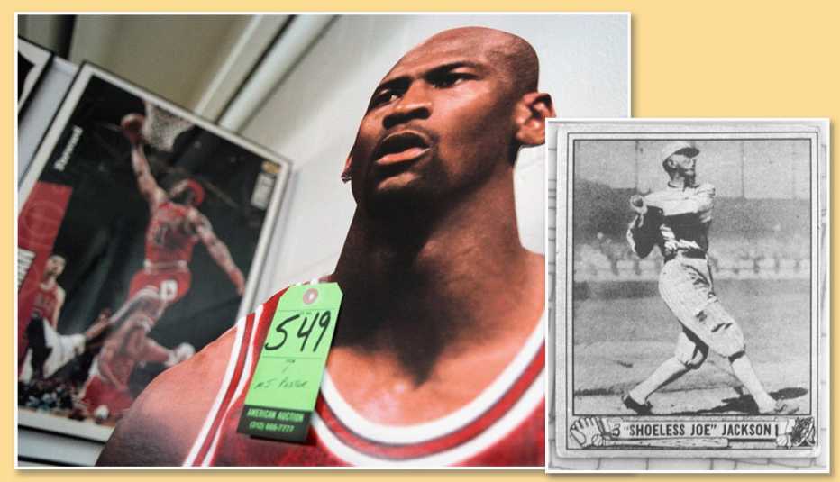 assorted sports memborabilia a basketball poster of dennis rodman a lifesize cutout of michael jordan and a baseball card of shoeless joe jackson