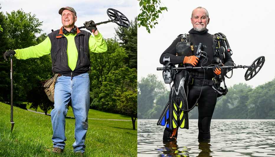 metal detector hobbyist michael mccullough on the left and underwater detectorist rob ellis wearing scuba diving gearon the right