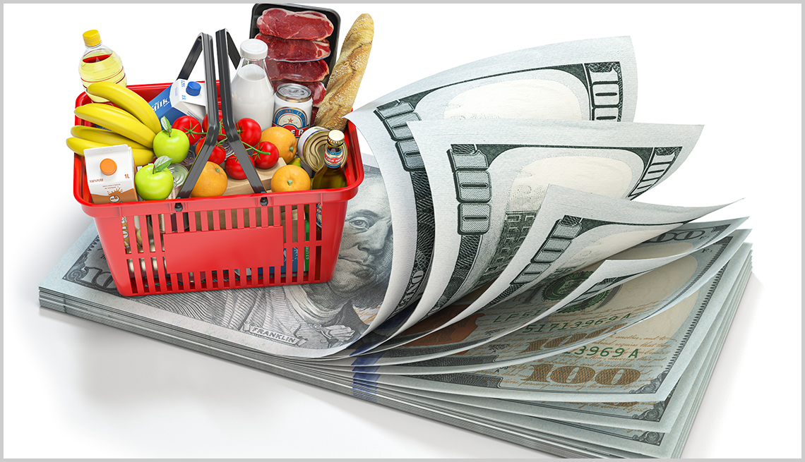 An illustrated consumer shopping basket full of foods on a pile of hundred dollar bills. 