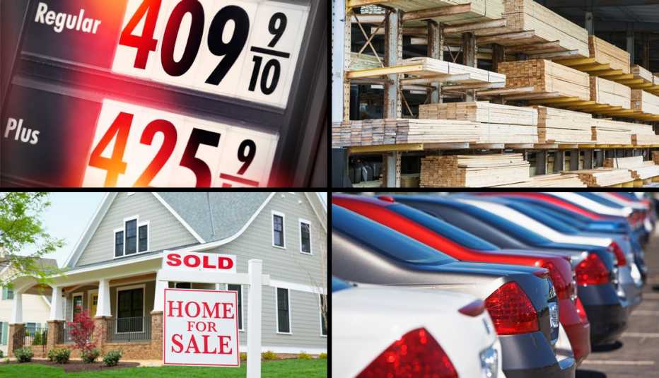 photos of high gas prices a lumber yard a house that has been sold and cars in a parking lot