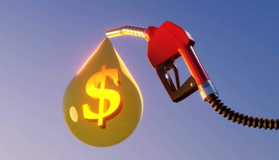 An illustrated gas pump nozzle suspended against a blue background is emitting a big drop of golden oil containing a shiny dollar sign