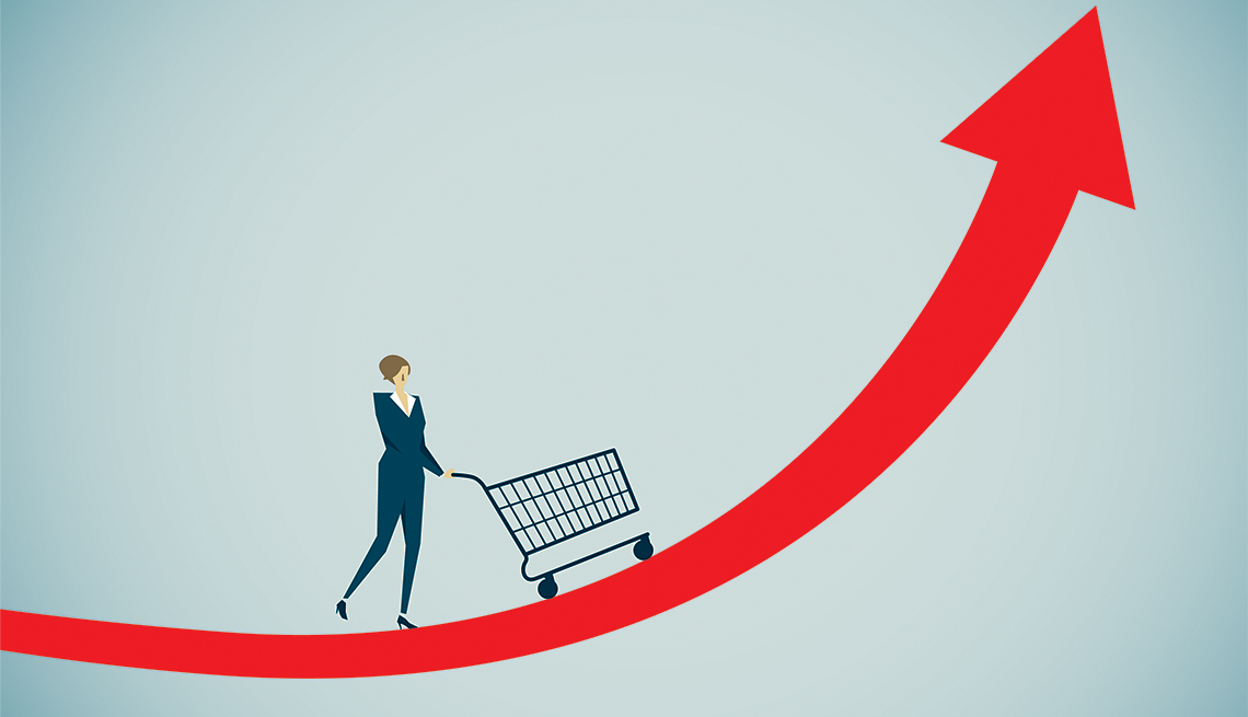 illustration of woman pushing shopping cart up a steep curved arrow, representing rising prices 
