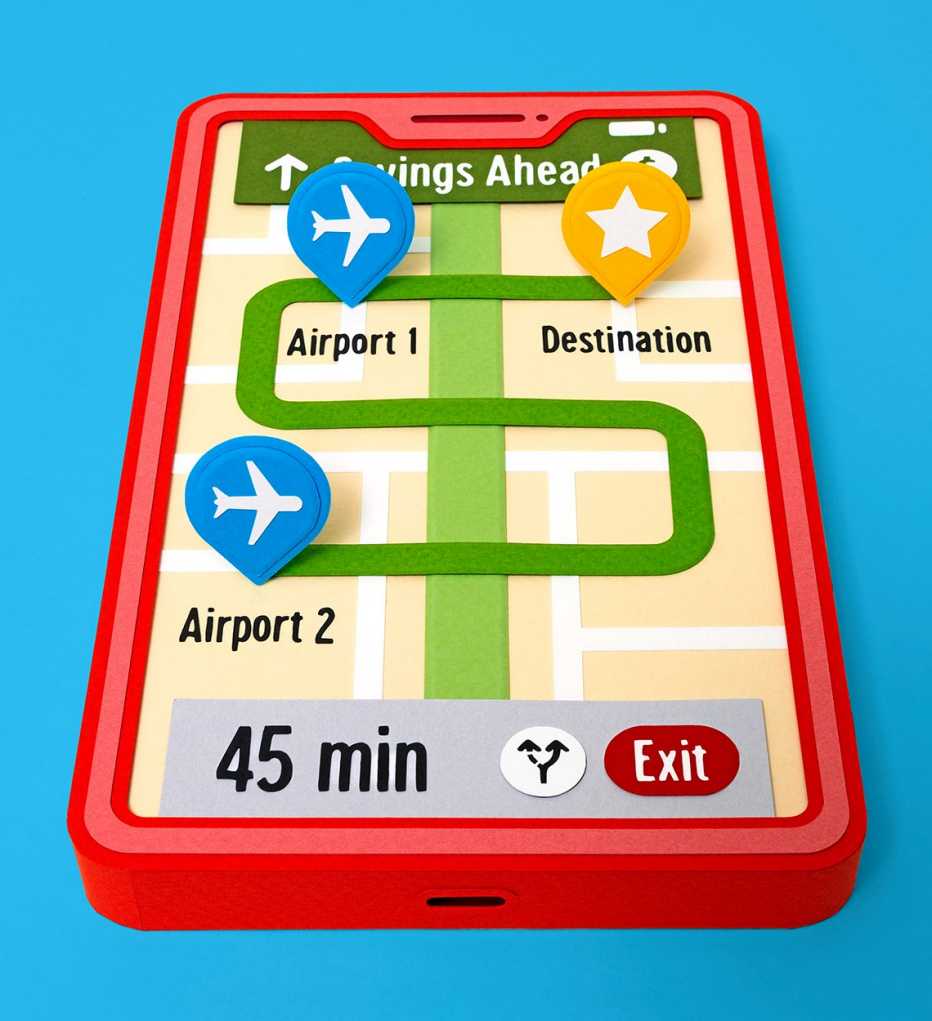 an illustration of a smart phone with a map to an airport