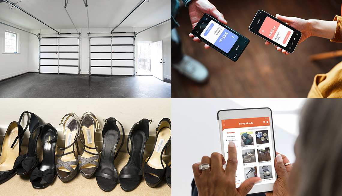 Montage of online transactions with examples showing browsing merchandise on a smartphone, a money transaction, an empty garage and expensive women's dress shoes