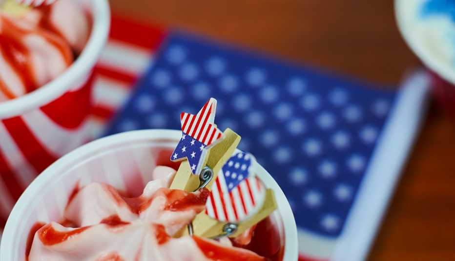 ice cream in a cup decorated in red, white and blue American motifs 