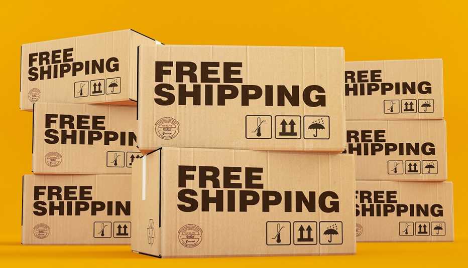 stacked cardboard boxes imprinted with bold type: FREE SHIPPING