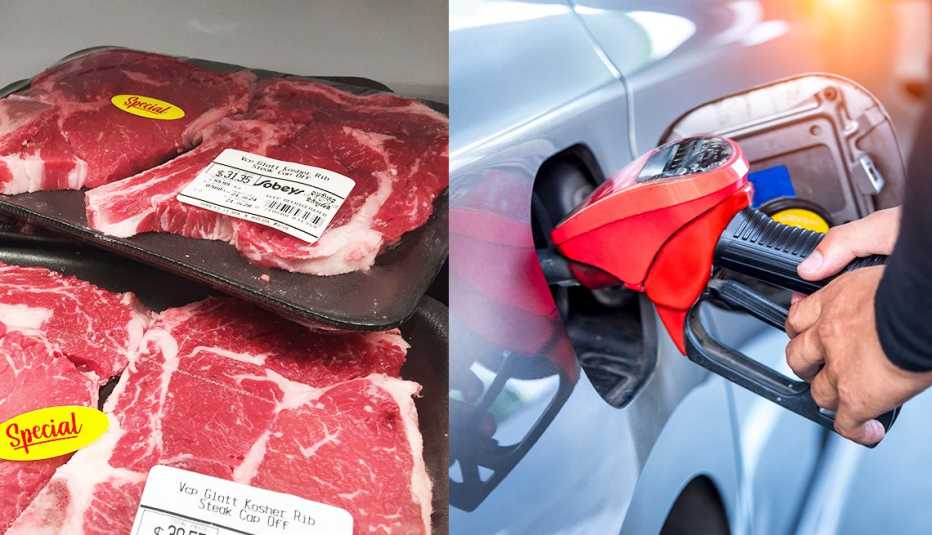 side by side image of packages of beef steaks with a yellow special price label and hands on a fuel pump filling a car's gas tank