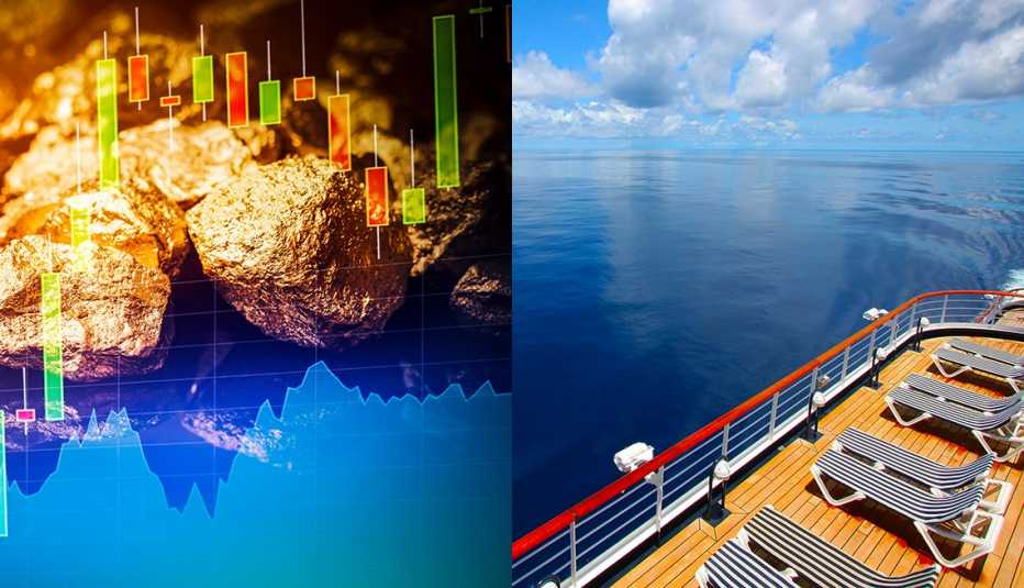 side by side image of gold nuggets with a price graph and deck chairs on a cruise ship at sea