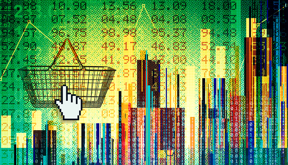 digital shopping basket surrounded by prices and graphs