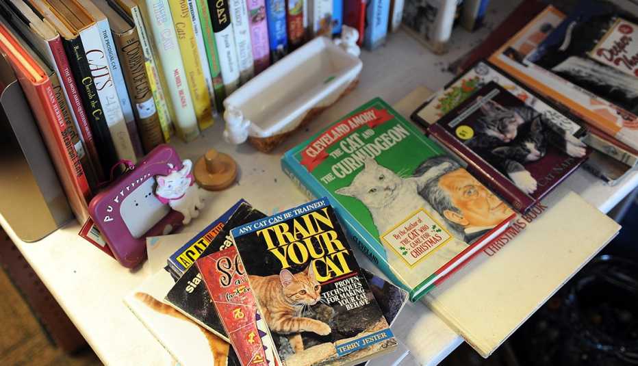A display of used cat books sit on a table at Angels With Paws Thrift Store in Lakewood, Colorado.