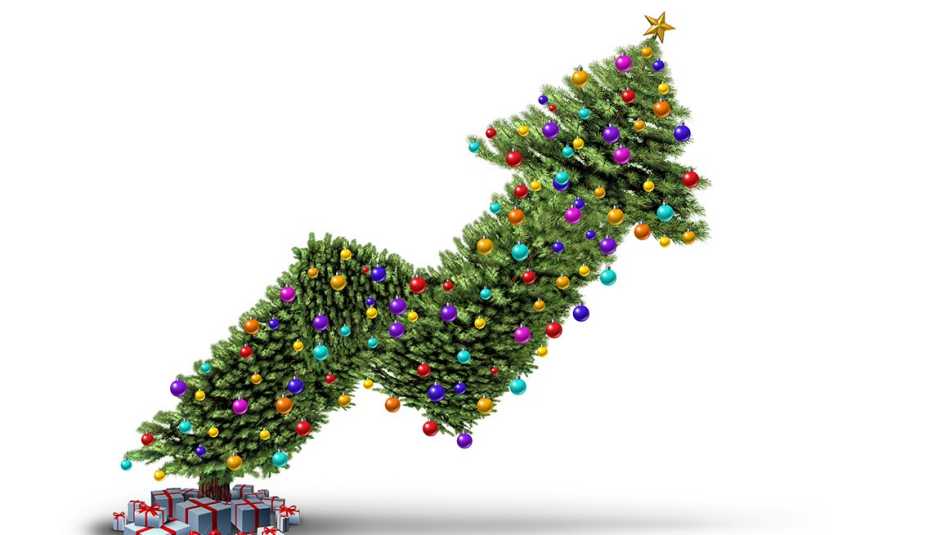 decorated Christmas tree in the shape of a soaring inflation rate arrow